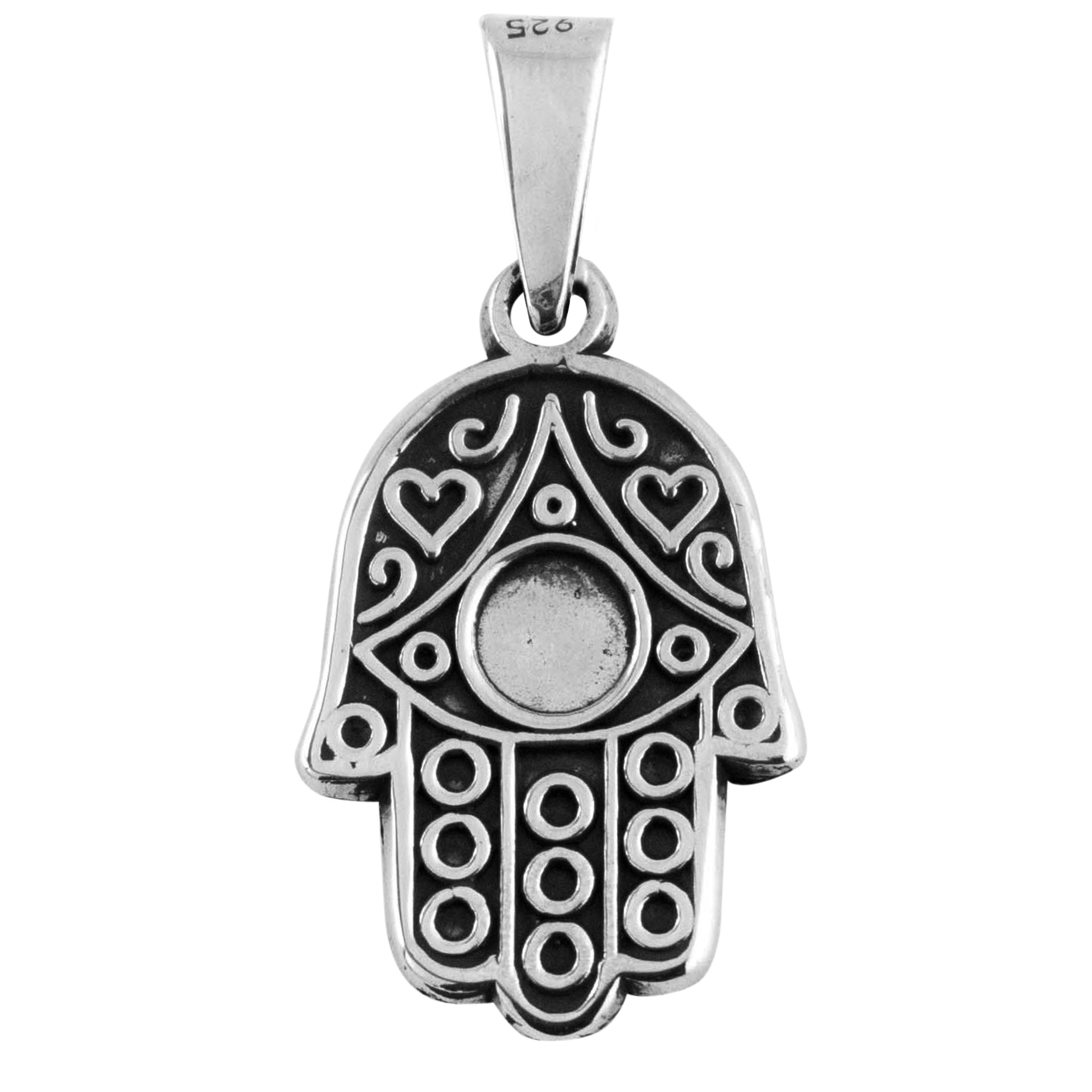 Dije De Plata Mano de Fatima Dos Corazones Y Circulos