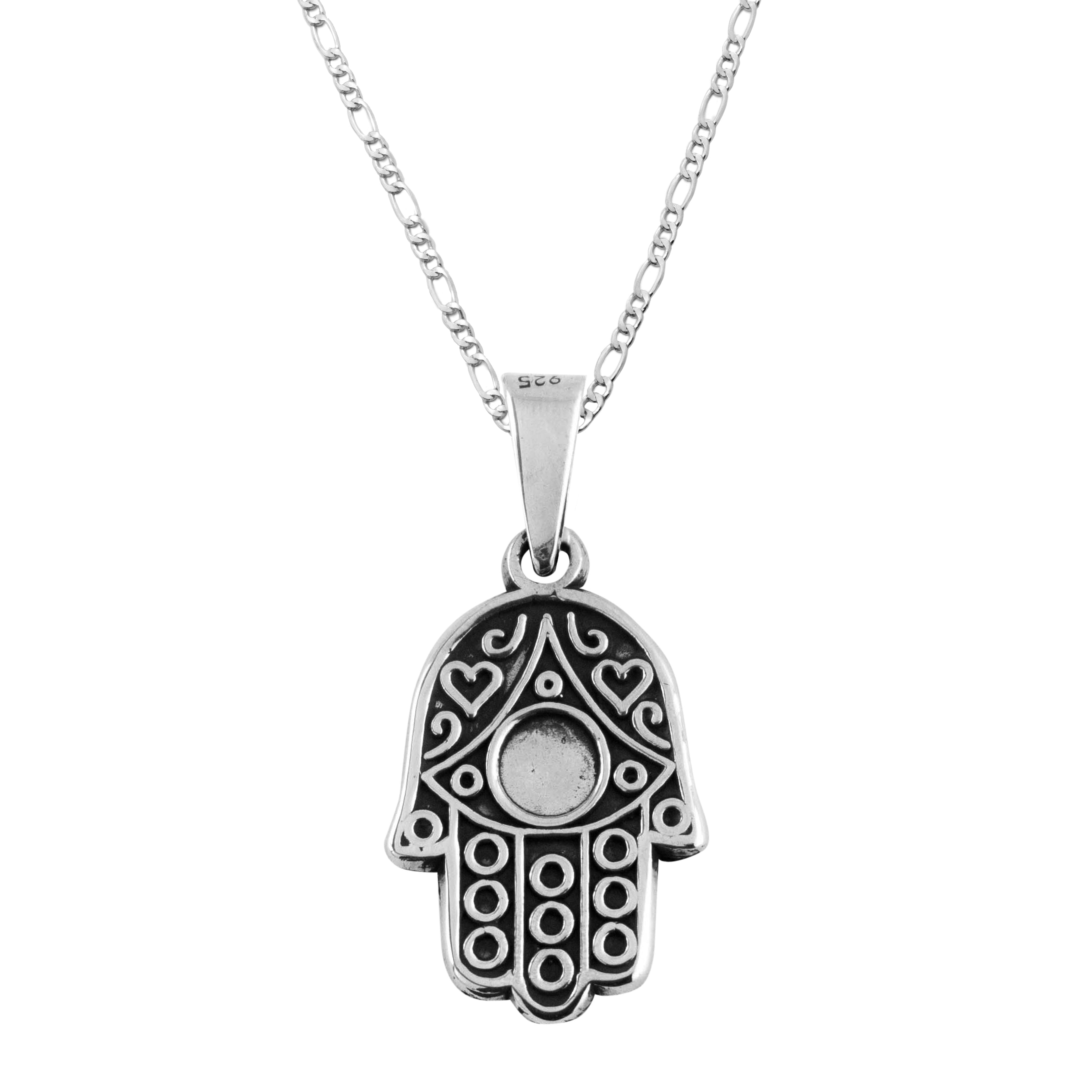 Dije De Plata Mano de Fatima Dos Corazones Y Circulos con cadena